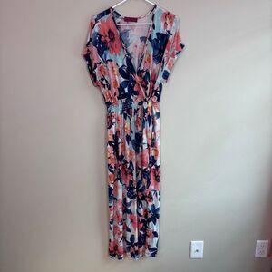 Melissa Masse Pink and Blue V Neck Faux Wrap Maxi Dress Size Small
